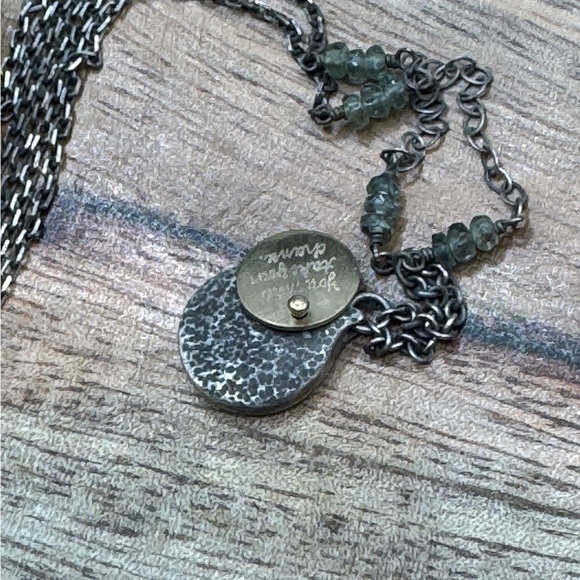 18k & Sterling Silver Necklace with gray-green sapphire beads and etched quote - Picture 11 of 12